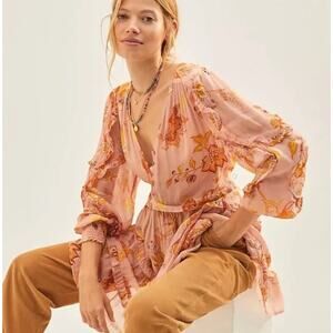 Anthropologie Sheer Floral Ruffle Tunic Dress Boho Womens Large NWT